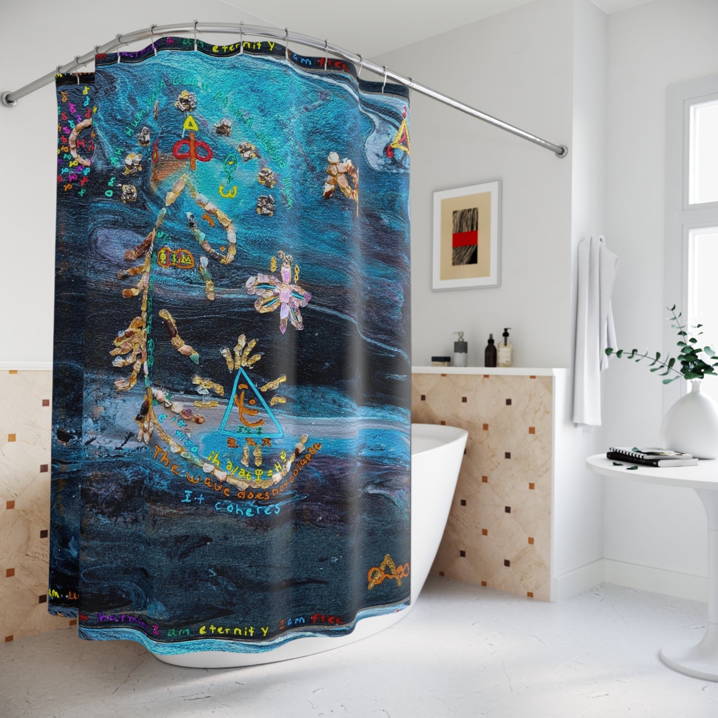 Bohemian Celestial Shower Curtain — Abstract Blue Galaxy with Symbolic Motifs
