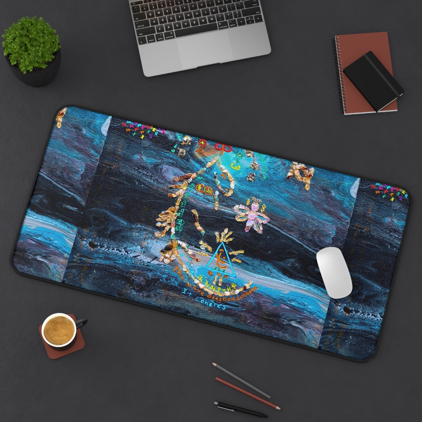 Celestial Blue Moon Desk Mat — Boho Floral Mystical Gaming/Office Pad