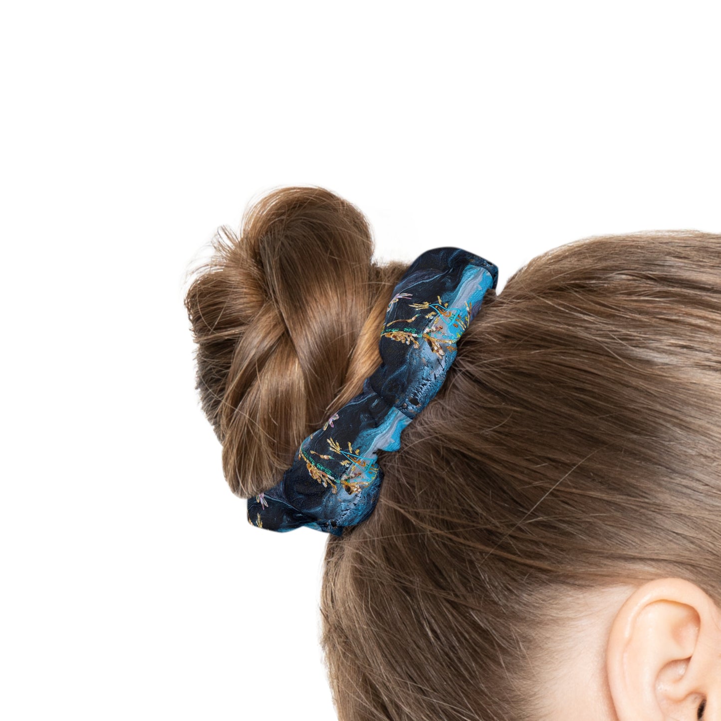 Blue Floral Silk Scrunchie — Hand-Painted Watercolor Hair Tie