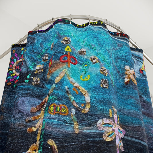 Bohemian Celestial Shower Curtain — Abstract Blue Galaxy with Symbolic Motifs
