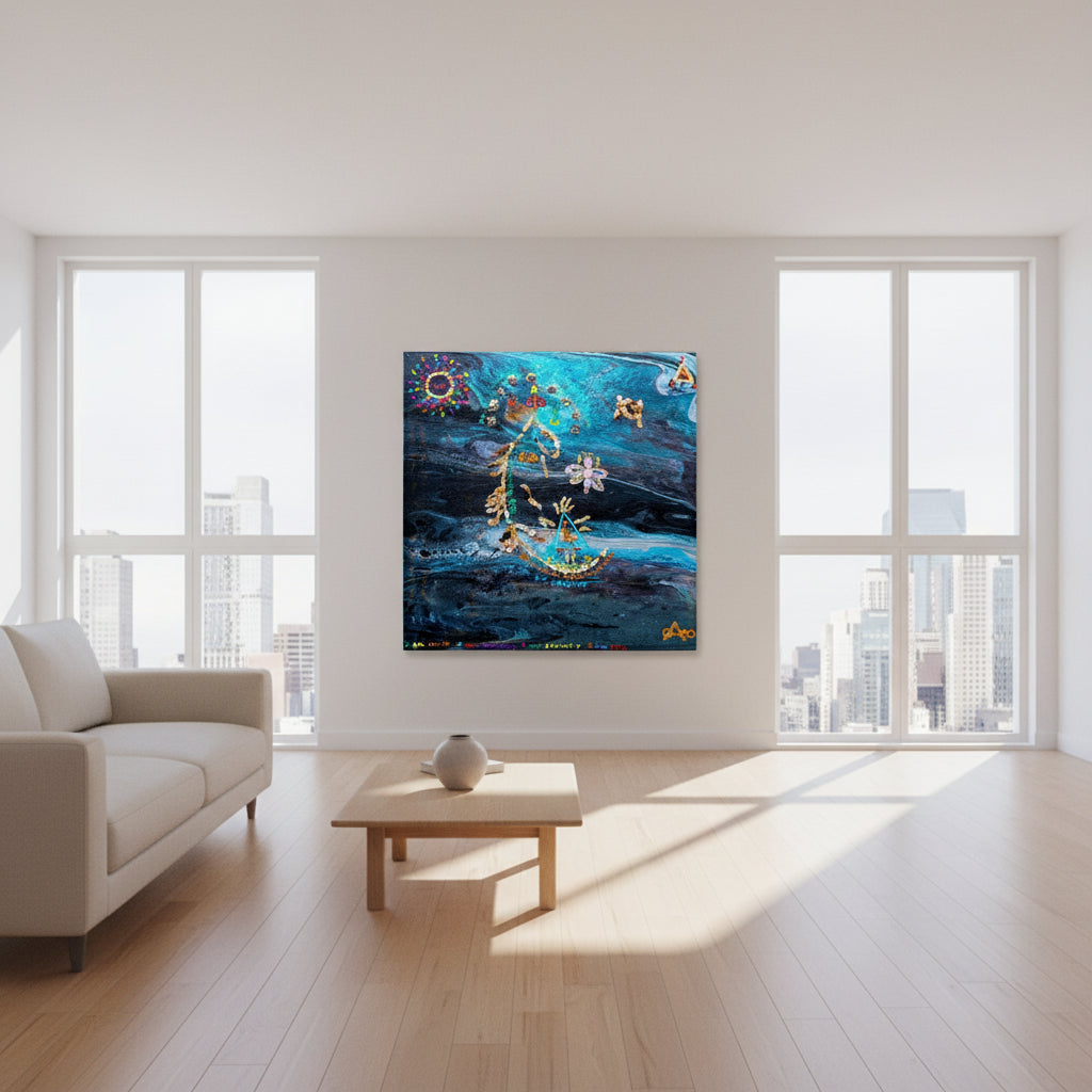 Framed Abstract Ocean Art Print — Blue Galaxy Canvas with Gold Accents