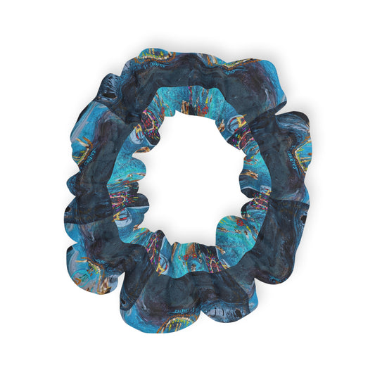 Blue Floral Silk Scrunchie — Hand-Painted Watercolor Hair Tie