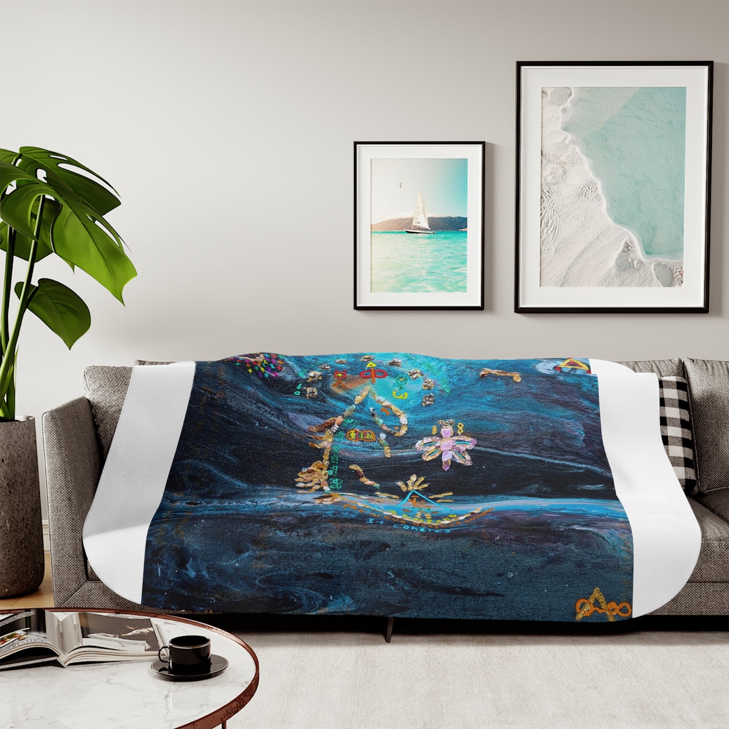 Celestial Moon Sherpa Blanket - Blue Galaxy Floral Crescent Design