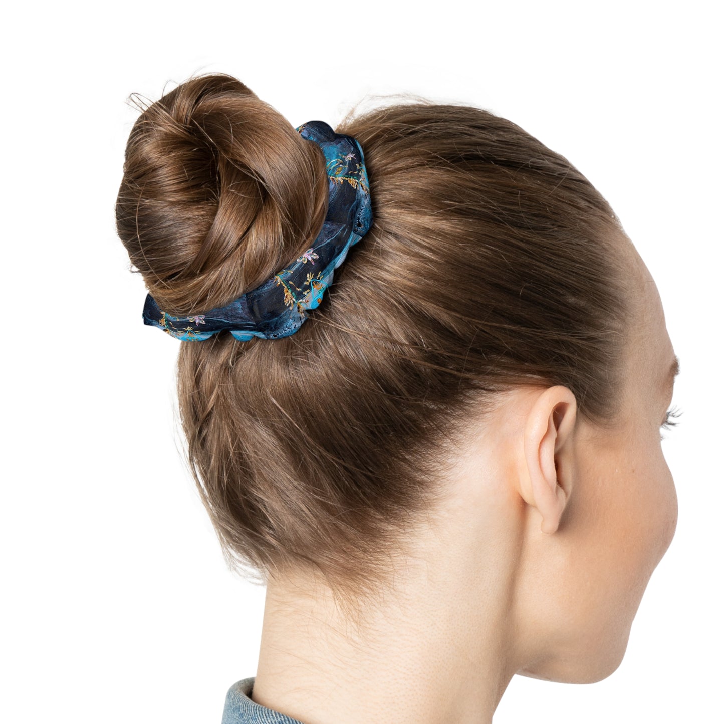 Blue Floral Silk Scrunchie — Hand-Painted Watercolor Hair Tie