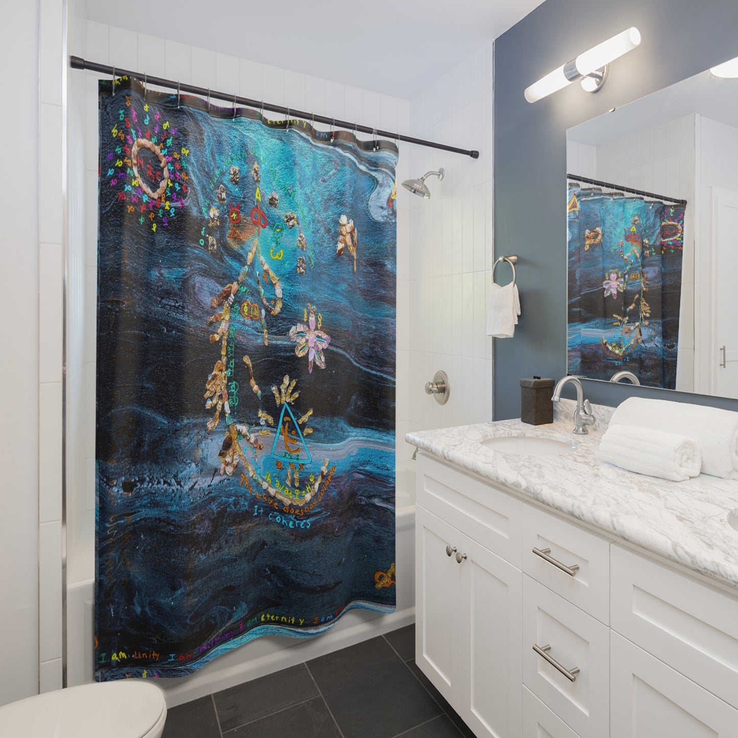Bohemian Celestial Shower Curtain — Abstract Blue Galaxy with Symbolic Motifs