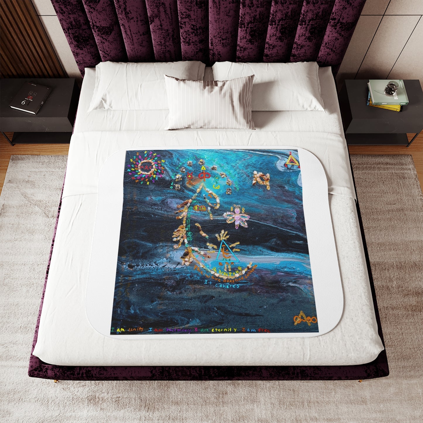 Celestial Moon Sherpa Blanket - Blue Galaxy Floral Crescent Design