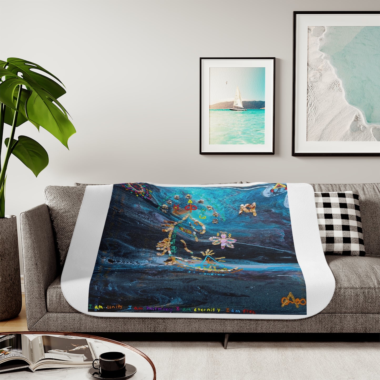 Celestial Moon Sherpa Blanket - Blue Galaxy Floral Crescent Design