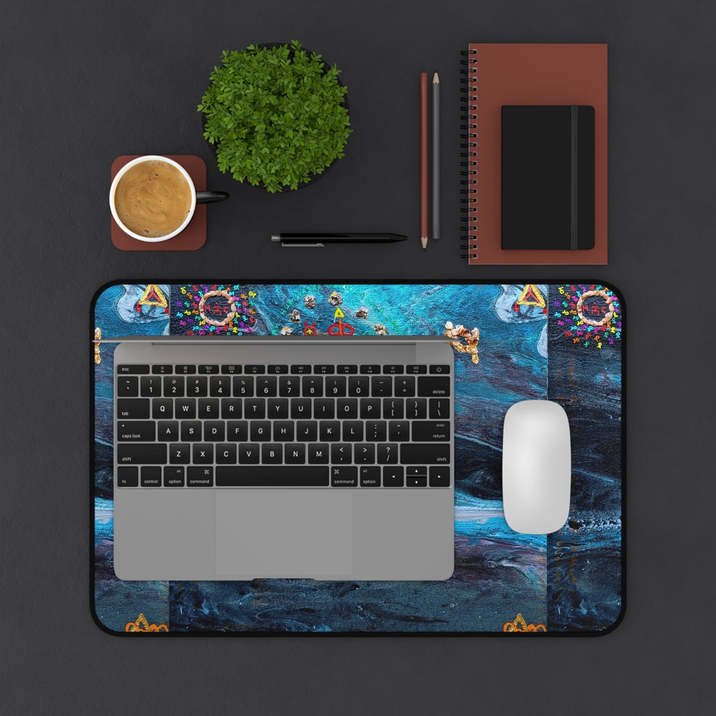 Celestial Blue Moon Desk Mat — Boho Floral Mystical Gaming/Office Pad