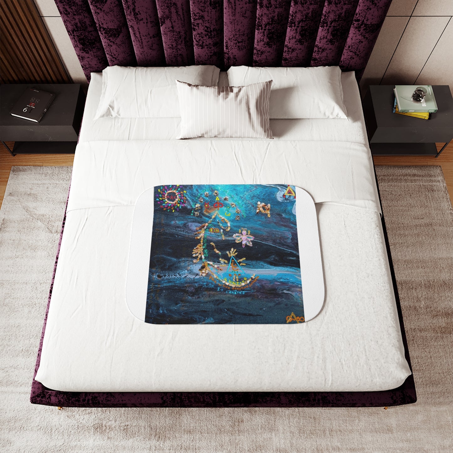 Celestial Moon Sherpa Blanket - Blue Galaxy Floral Crescent Design