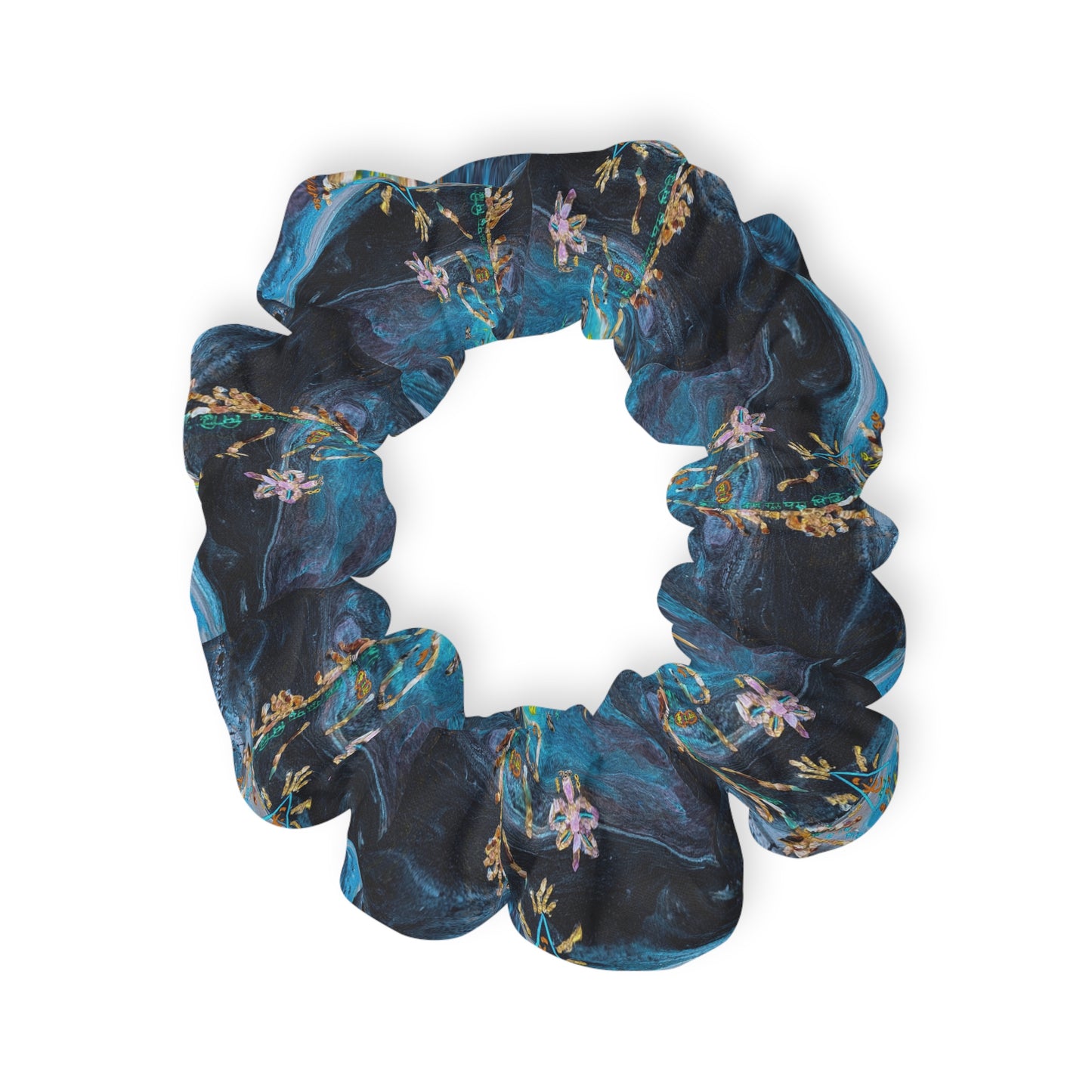 Blue Floral Silk Scrunchie — Hand-Painted Watercolor Hair Tie