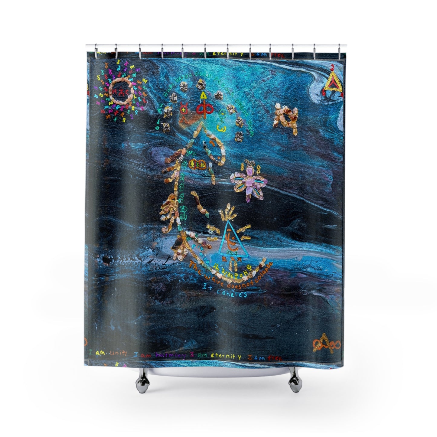 Bohemian Celestial Shower Curtain — Abstract Blue Galaxy with Symbolic Motifs