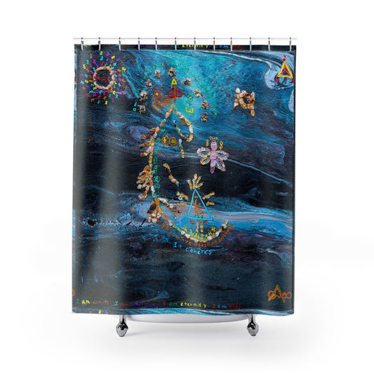 Bohemian Celestial Shower Curtain — Abstract Blue Galaxy with Symbolic Motifs