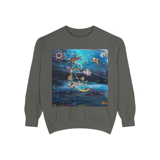 Celestial Garden Sweatshirt — Floral Moon & Stars Art Pullover
