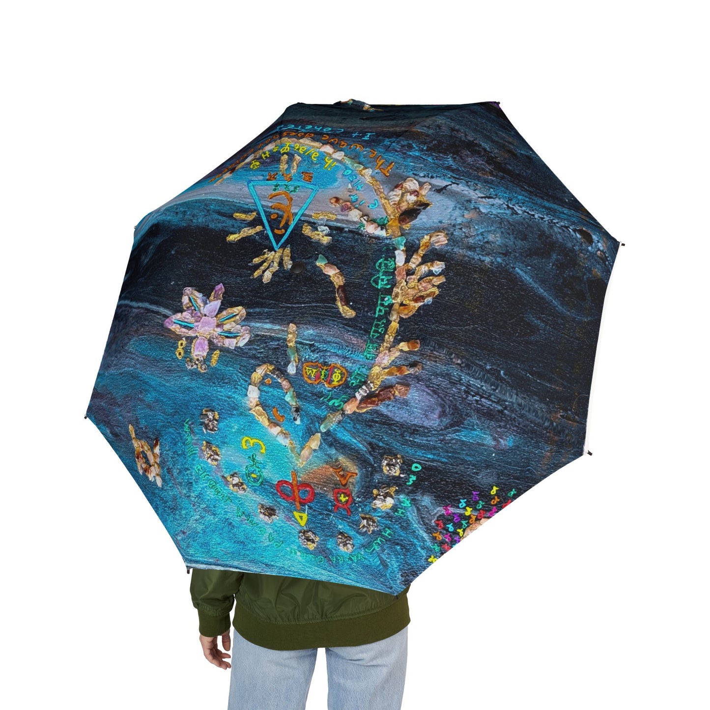 Floral Ocean Compact Umbrella — Teal Art Print Foldable Umbrella