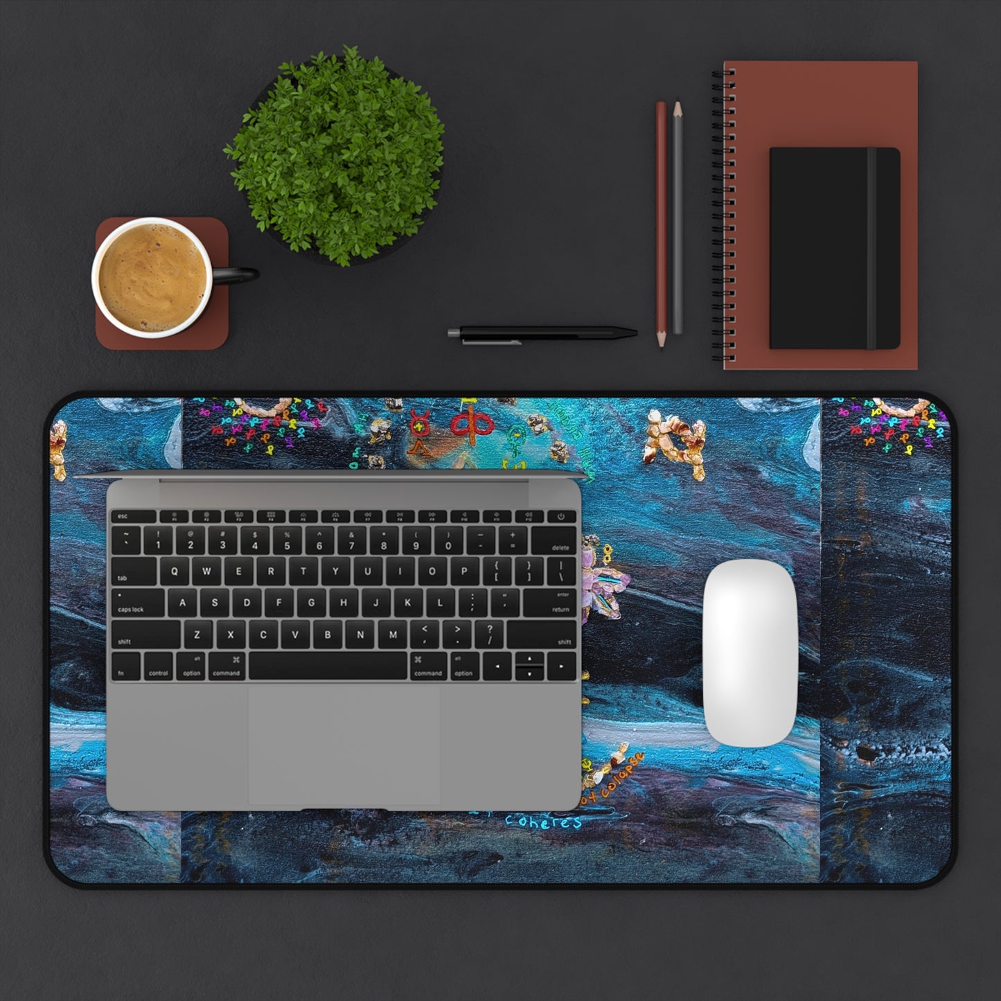 Celestial Blue Moon Desk Mat — Boho Floral Mystical Gaming/Office Pad