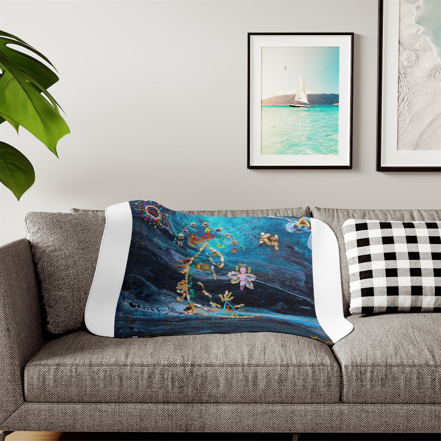 Celestial Moon Sherpa Blanket - Blue Galaxy Floral Crescent Design
