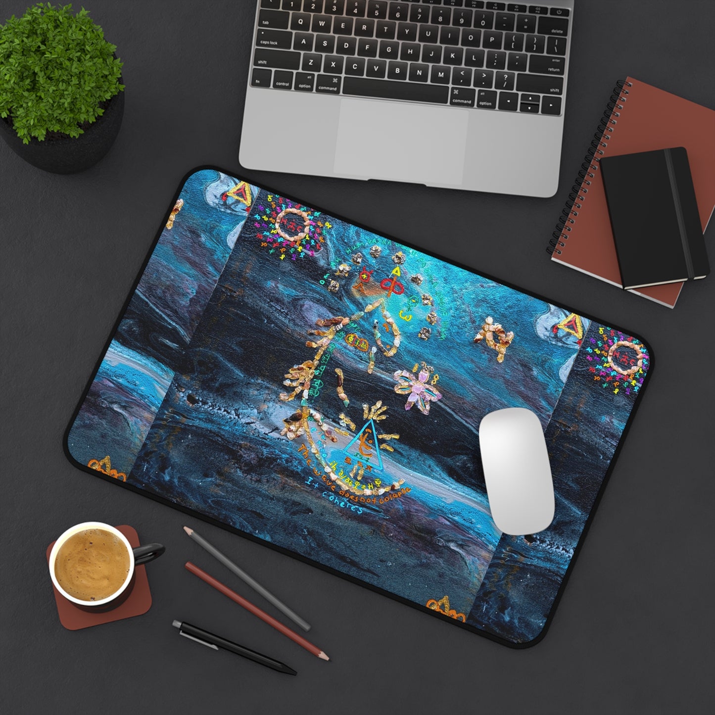 Celestial Blue Moon Desk Mat — Boho Floral Mystical Gaming/Office Pad